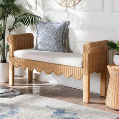 Reiko Handcrafted Natural Rattan Bench with Scalloped Design - Boho Farmhouse Seating for Entryway, Bedroom, or Living Room