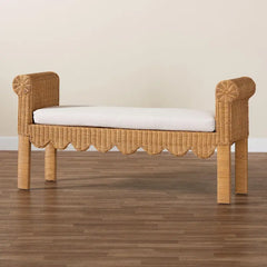 Reiko Handcrafted Natural Rattan Bench with Scalloped Design - Boho Farmhouse Seating for Entryway, Bedroom, or Living Room