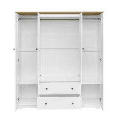 Freestanding 4 - Door Wardrobe Armoire with 2 Drawers and Hanging Rods for Clothes Storage