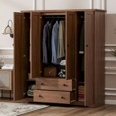 Freestanding 4 - Door Wardrobe Armoire with 2 Drawers and Hanging Rods for Clothes Storage