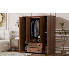 Freestanding 4 - Door Wardrobe Armoire with 2 Drawers and Hanging Rods for Clothes Storage