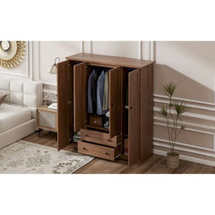 Freestanding 4 - Door Wardrobe Armoire with 2 Drawers and Hanging Rods for Clothes Storage