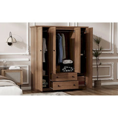 Freestanding 4 - Door Wardrobe Armoire with 2 Drawers and Hanging Rods for Clothes Storage