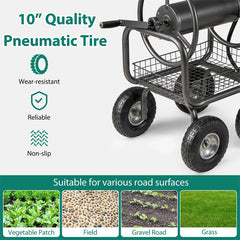 Portable Garden Hose Reel Cart Holds 300FT of 5/8" Large Capacity, Heavy - Duty Metal Hose Cart with 4 Wheels & Storage Basket for Lawn Yard