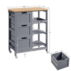 Kitchen Island Cart on Wheels with Storage, Solid Wood Top, 3 Drawers and Removable Shelves, Rolling Utility Cart, Dark Gray