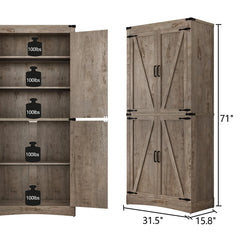 71" Tall Farmhouse Kitchen Pantry Cabinet, 5 Layers Storage Cabinet with Adjustable Shelves, Farmhouse Pantry Cabinet with 4 Barn Doors