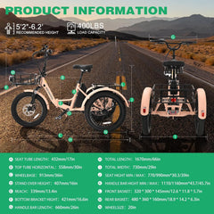 ABORON 3.0 Fat Tire Electric Trike for Senior Foldable E - Bike, 500W Motorized Tricycle Adult 20" Folding 3 Wheel Electric Commute Bike Trike W/48V