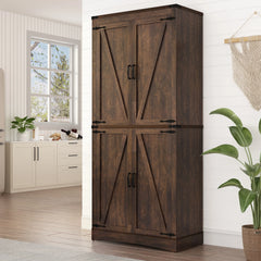 71" Tall Farmhouse Kitchen Pantry Cabinet, 5 Layers Storage Cabinet with Adjustable Shelves, Farmhouse Pantry Cabinet with 4 Barn Doors