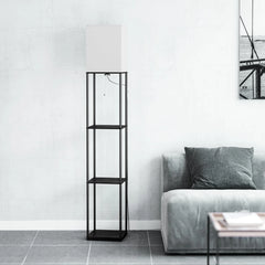 Modern Iron Shelf Floor Lamp with 3 Way Dimmable LED Bulb, Shelves and White Shade for Living Room and Bedroom(Black)