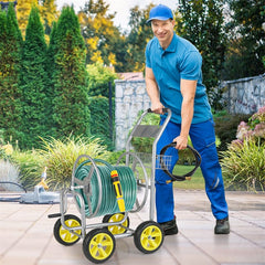 Heavy Duty Metal Garden Hose Reel Cart Holds 300FT of 5/8" Hose with 4 Wheels & Storage Basket, Portable Water Hose Organizer for Yard Lawn
