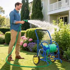Garden Hose Reel Cart Holds 230FT of 5/8" Hose, Heavy - Duty Hose Cart with 2 Wheels & Storage Basket, Portable Water Hose Organizer for Yard