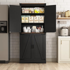 71" Tall Farmhouse Kitchen Pantry Cabinet, 5 Layers Storage Cabinet with Adjustable Shelves, Farmhouse Pantry Cabinet with 4 Barn Doors