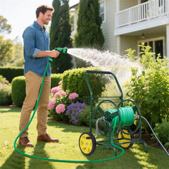 Garden Hose Reel Cart Holds 230FT of 5/8" Hose, Heavy - Duty Hose Cart with 2 Wheels & Storage Basket, Portable Water Hose Organizer for Yard