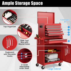 2 - in - 1 Rolling Tool Chest, 5-Drawer Tool Storage Cabinet with Wheels, Adjustable Shelf, Tool Box Organizer for Garage Warehouse Workshop