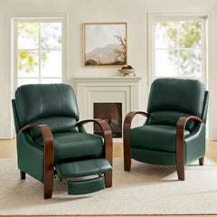 Set of 2 Alex Mid - Century Modern Genuine Leather Manual Recliners with Curved Wooden Arms