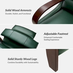 Set of 2 Alex Mid - Century Modern Genuine Leather Manual Recliners with Curved Wooden Arms