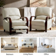 Set of 2 Alex Mid - Century Modern Genuine Leather Manual Recliners with Curved Wooden Arms
