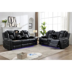 Black Power Reclining Sofa with Wireless Charger, Reading Light, Faux Leather, LED Lighting, AC/USB Ports, and Cup Holder for Living Room