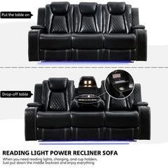 Black Power Reclining Sofa with Wireless Charger, Reading Light, Faux Leather, LED Lighting, AC/USB Ports, and Cup Holder for Living Room