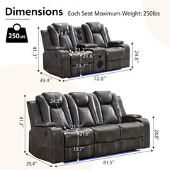 Black Power Reclining Sofa with Wireless Charger, Reading Light, Faux Leather, LED Lighting, AC/USB Ports, and Cup Holder for Living Room
