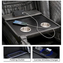 Black Power Reclining Sofa with Wireless Charger, Reading Light, Faux Leather, LED Lighting, AC/USB Ports, and Cup Holder for Living Room