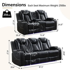 Black Power Reclining Sofa with Wireless Charger, Reading Light, Faux Leather, LED Lighting, AC/USB Ports, and Cup Holder for Living Room