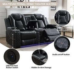 Black Power Reclining Sofa with Wireless Charger, Reading Light, Faux Leather, LED Lighting, AC/USB Ports, and Cup Holder for Living Room