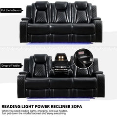 Black Power Reclining Sofa with Wireless Charger, Reading Light, Faux Leather, LED Lighting, AC/USB Ports, and Cup Holder for Living Room