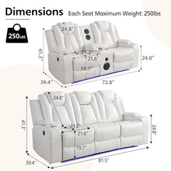 Black Power Reclining Sofa with Wireless Charger, Reading Light, Faux Leather, LED Lighting, AC/USB Ports, and Cup Holder for Living Room