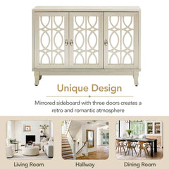 Mirrored Buffet Cabinet with Glass Doors and Silver Handles - 3 - Door Sideboard for Living Room, Hallway, and Dining Room