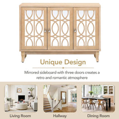 Mirrored Buffet Cabinet with Glass Doors and Silver Handles - 3 - Door Sideboard for Living Room, Hallway, and Dining Room
