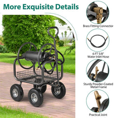 Portable Garden Hose Reel Cart Holds 300FT of 5/8" Large Capacity, Heavy - Duty Metal Hose Cart with 4 Wheels & Storage Basket for Lawn Yard