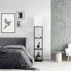Modern Iron Shelf Floor Lamp with 3 Way Dimmable LED Bulb, Shelves and White Shade for Living Room and Bedroom(Black)