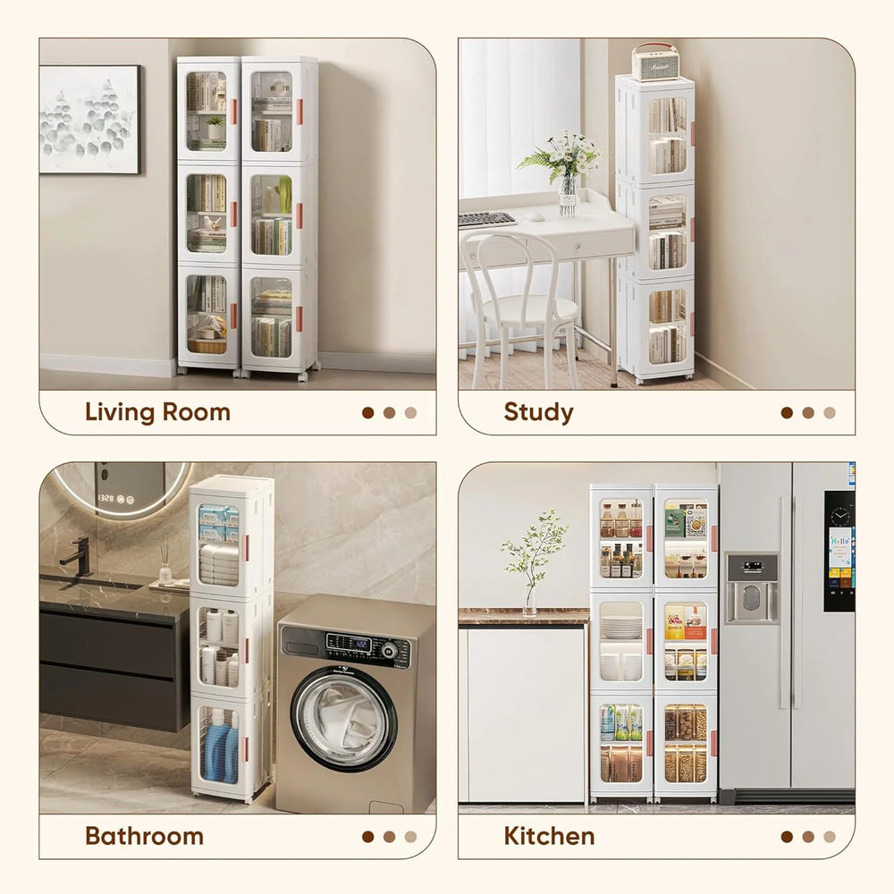 Slim Kitchen Pantry Storage Cabinet with Doors and Shelves, 3 - Tiers Plastic Narrow Storage Organizer Collapsible
