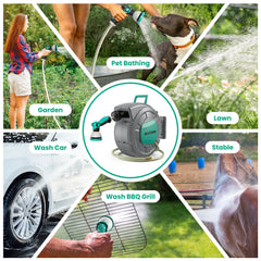 AUOSHI Retractable Garden Hose Reel 1/2" 100ft Automatic Hose Reel with 10 Function Sprayer Nozzle Wall Mount 180 Deg Swivel Bracket Hose Reel