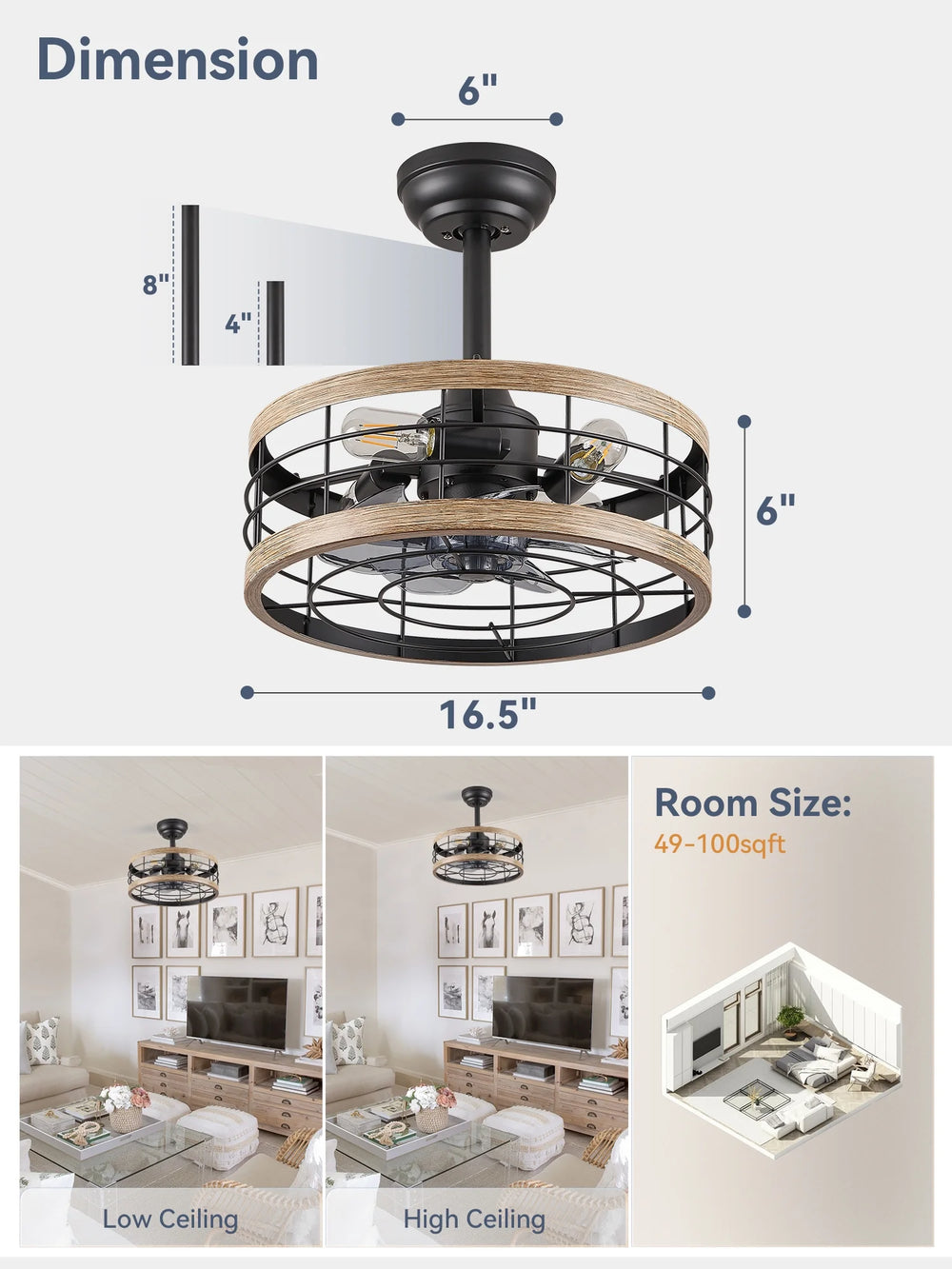 Zardon 52 in Black Ceiling Fan with LED Light and Remote, Downrod 6-Speed and Quiet Reversible DC Motor for Bedroom, Living Room, Indoor