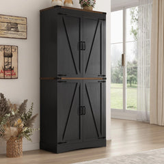 71" Tall Farmhouse Kitchen Pantry Cabinet, 5 Layers Storage Cabinet with Adjustable Shelves, Farmhouse Pantry Cabinet with 4 Barn Doors