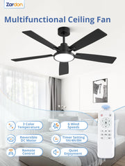 Zardon 52 in Black Ceiling Fan with LED Light and Remote, Downrod 6-Speed and Quiet Reversible DC Motor for Bedroom, Living Room, Indoor