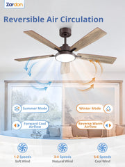 Zardon 52 in Black Ceiling Fan with LED Light and Remote, Downrod 6-Speed and Quiet Reversible DC Motor for Bedroom, Living Room, Indoor