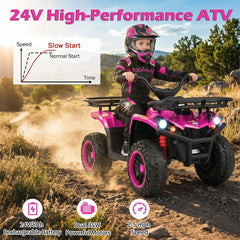 24V Kids ATV Ride On Quad, Electric 4 Wheeler Toy with 5Mph Max Speed, LED Headlights, Music, Front & Rear Storage for Boys Girls