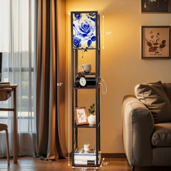 Floor Lamp with Shelves, Modern Dimmable Standing Lamp Floral Corner Display Bookshelf Lamp with 2 USB & 1 Power Outlet for Living Room & Bedroom
