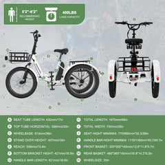 ABORON 3.0 Fat Tire Electric Trike for Senior Foldable E - Bike, 500W Motorized Tricycle Adult 20" Folding 3 Wheel Electric Commute Bike Trike W/48V