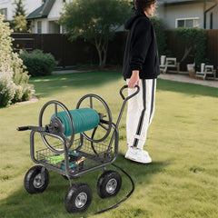 Portable Garden Hose Reel Cart Holds 300FT of 5/8" Large Capacity, Heavy - Duty Metal Hose Cart with 4 Wheels & Storage Basket for Lawn Yard