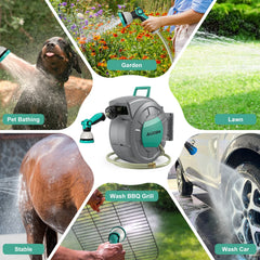 AUOSHI Retractable Garden Hose Reel 1/2" 100ft Automatic Hose Reel with 10 Function Sprayer Nozzle Wall Mount 180 Deg Swivel Bracket Hose Reel