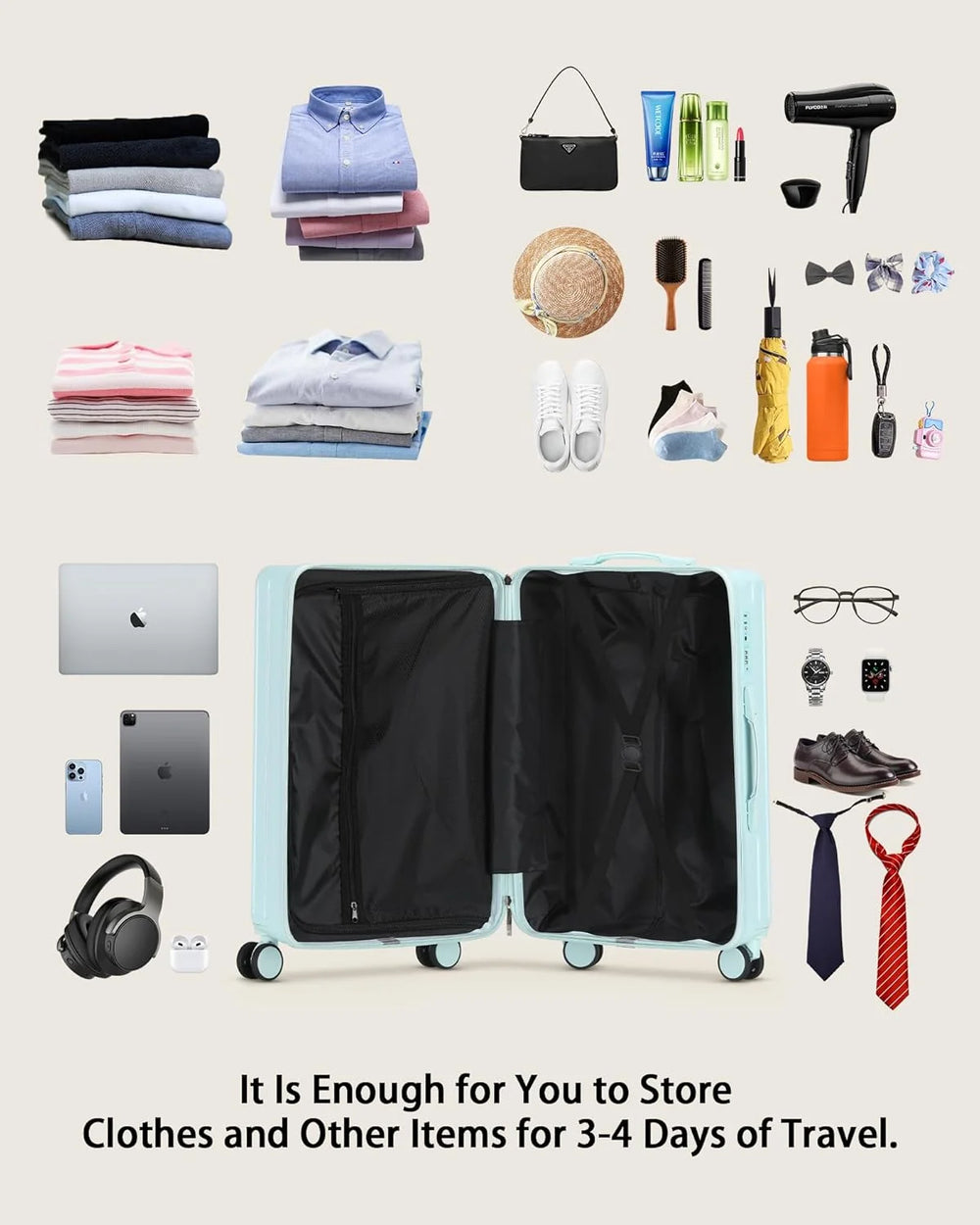 20 in Carry on Luggage with Cup Holder & USB Port, Airline Approved TSA - Locked Luggage, Lightweight PC Material Travel Suitcase