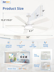 Zardon 52 in Black Ceiling Fan with LED Light and Remote, Downrod 6-Speed and Quiet Reversible DC Motor for Bedroom, Living Room, Indoor