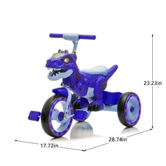 Xuanlur Kids Ride on Dinosaur Tricycle, Toddlers Kid Trike with Wide Flash Wheels, Anti - Slip Pedals, Rear Basket, Music & LED Lights, Toddler Bike