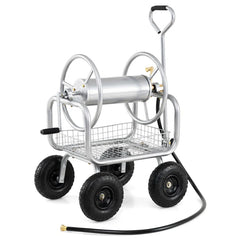 Portable Garden Hose Reel Cart Holds 300FT of 5/8" Large Capacity, Heavy - Duty Metal Hose Cart with 4 Wheels & Storage Basket for Lawn Yard
