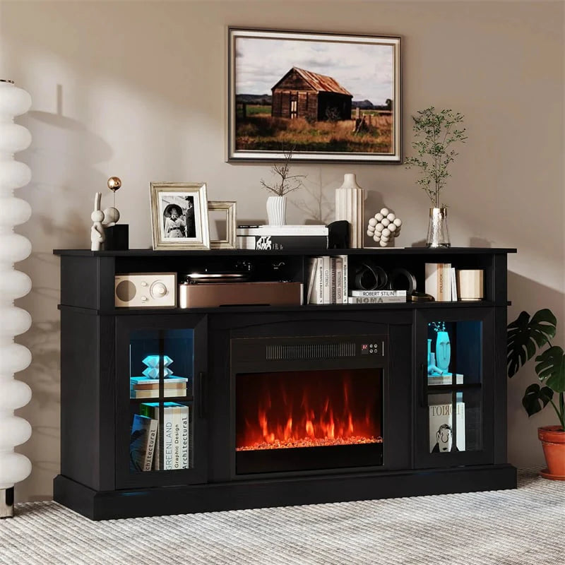 58" Electric Fireplace TV Stand for 65" TVs, Entertainment Center with 28" Fireplace Heater Insert, LED Lights, Remote Control & Storage