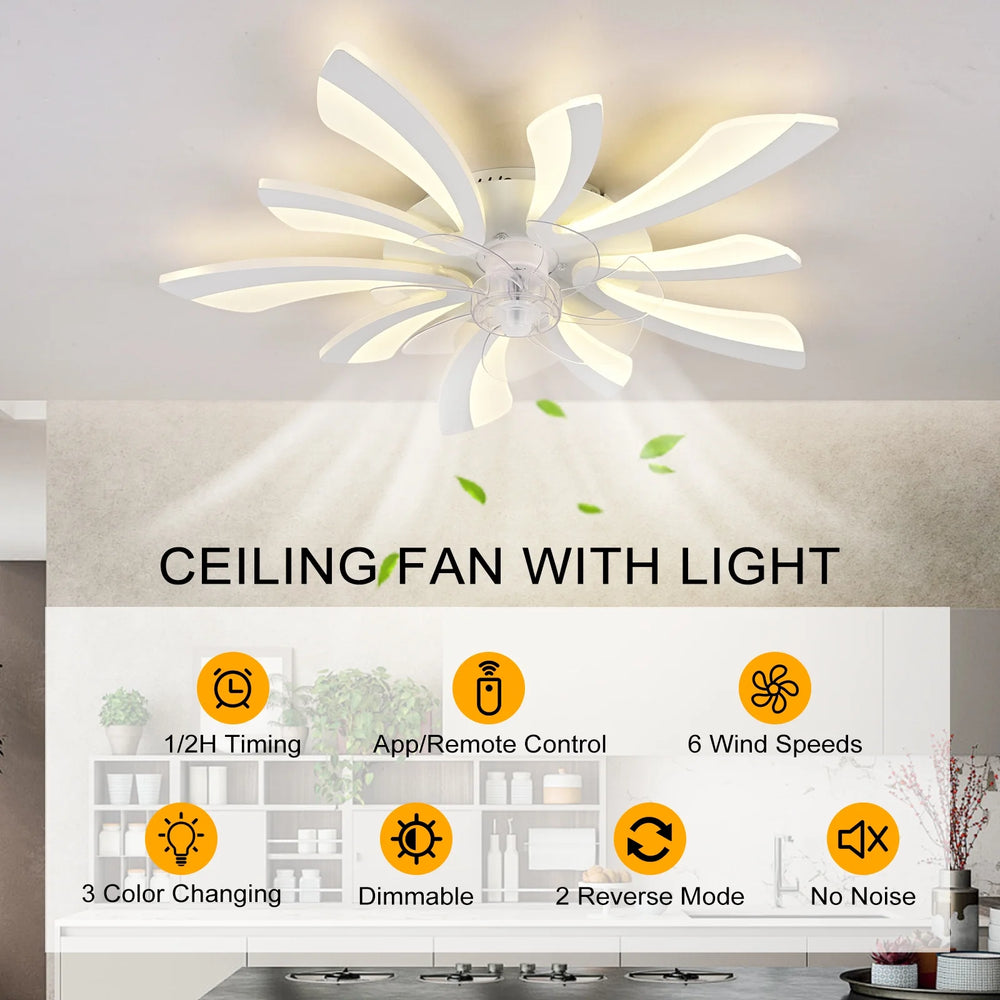 Garwarm Dimmable Ceiling Fan with Light and Remote Control, 27" Small Flush Mounted Ceiling Fan